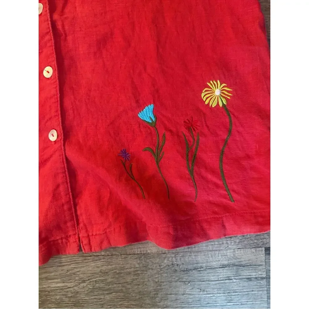 Vintage Match USA Red Linen Embroidered Floral Shirt & Shorts Set XL Cottagecore